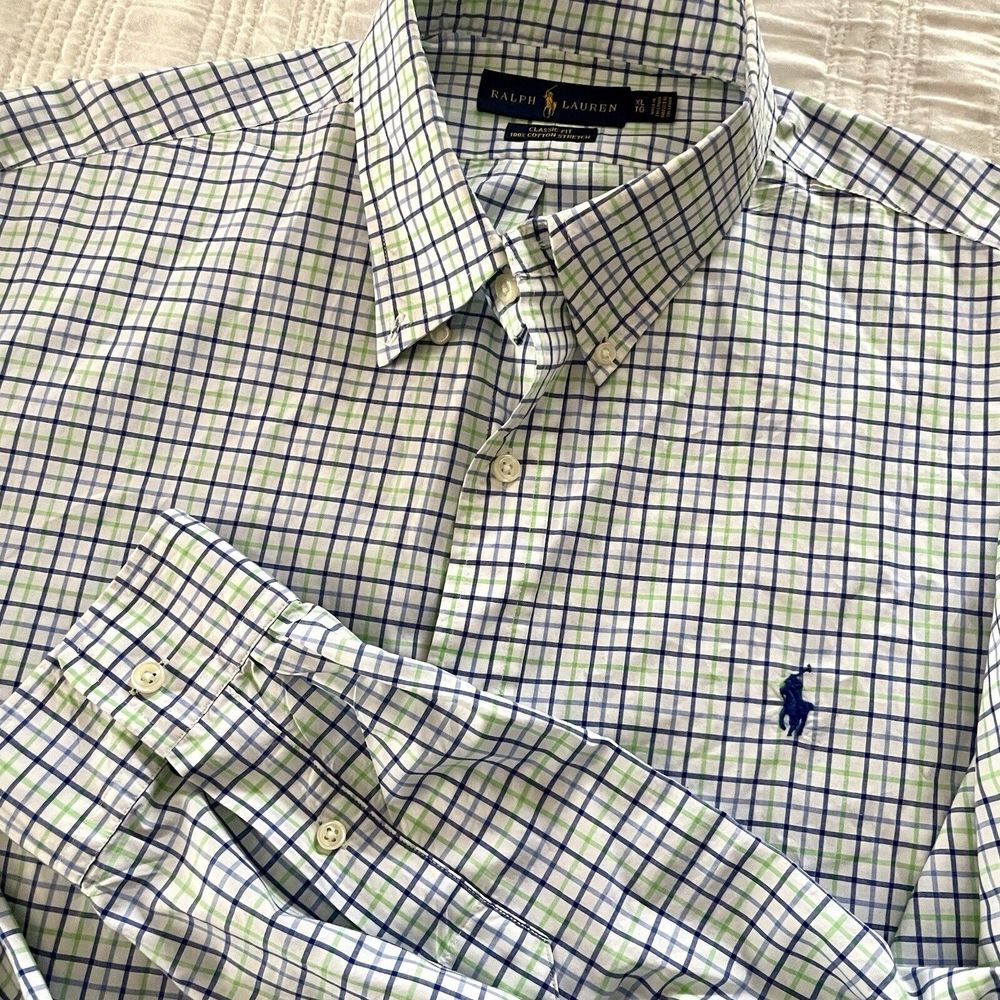 Ralph Lauren Blue Green White XL‎ Longsleeved Buttondown Shirt Professional Work